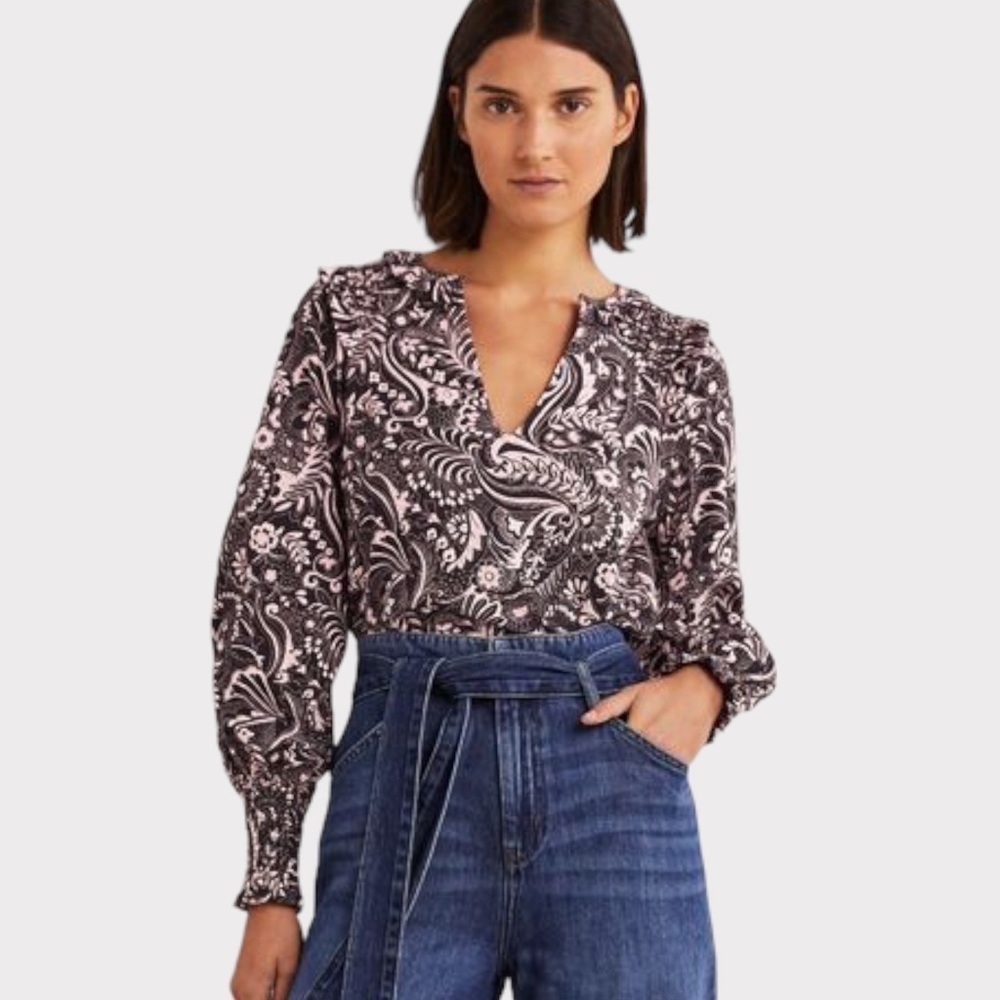 Boden Notch Neck Smocked Frill Top Pink and Black Floral NWT